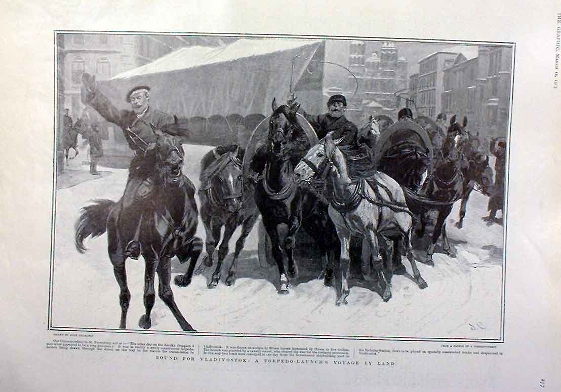 Original Old Antique Print Torpedo Launch Voyage By Land To Vladivostok 1905