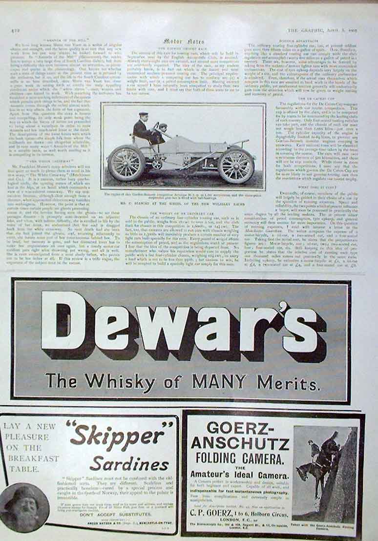 Original Old Antique Print Bianchi At Wheel Wolseley Race Car 1905 20th Century