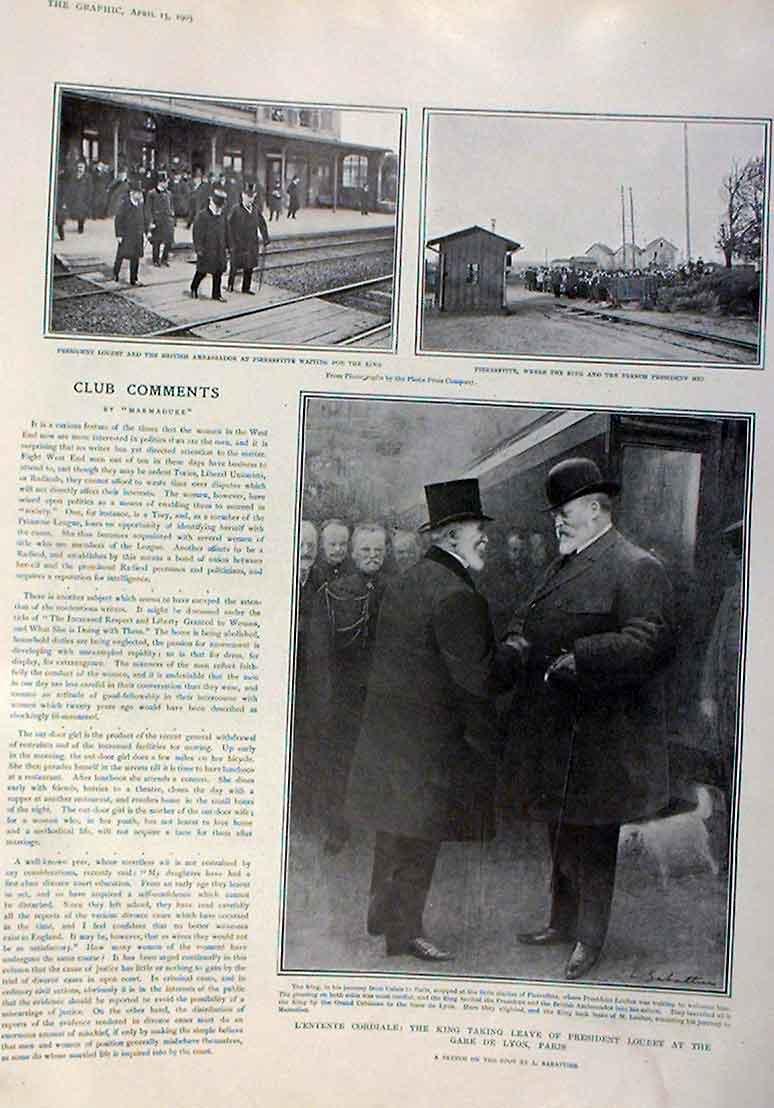 Original Old Antique Print King Edward & Loubert At Gare De Lyon Paris 1905 20th
