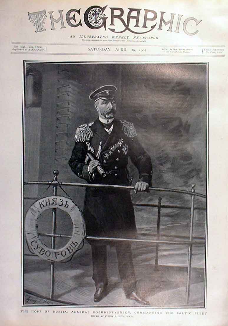 Original Old Antique Print Hope Russia Admiral Rozhdestvensky Cic Baltic Fleet