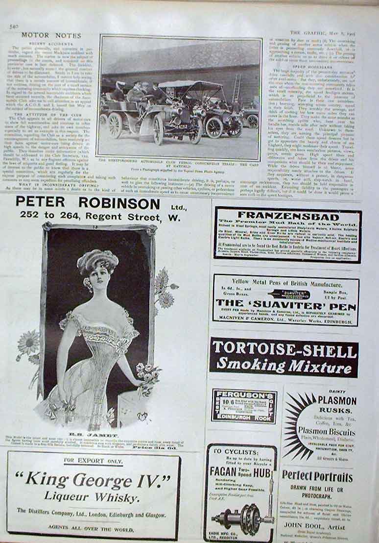 Original Old Antique Print Hereford Auto Club Petrol Consumption Trial 1905 Cars