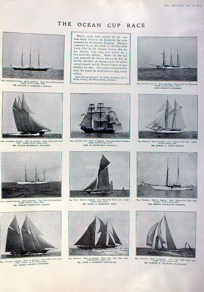 Original Old Antique Print The Ocean Cup Race 1905 Yachts Sailing 20th Century