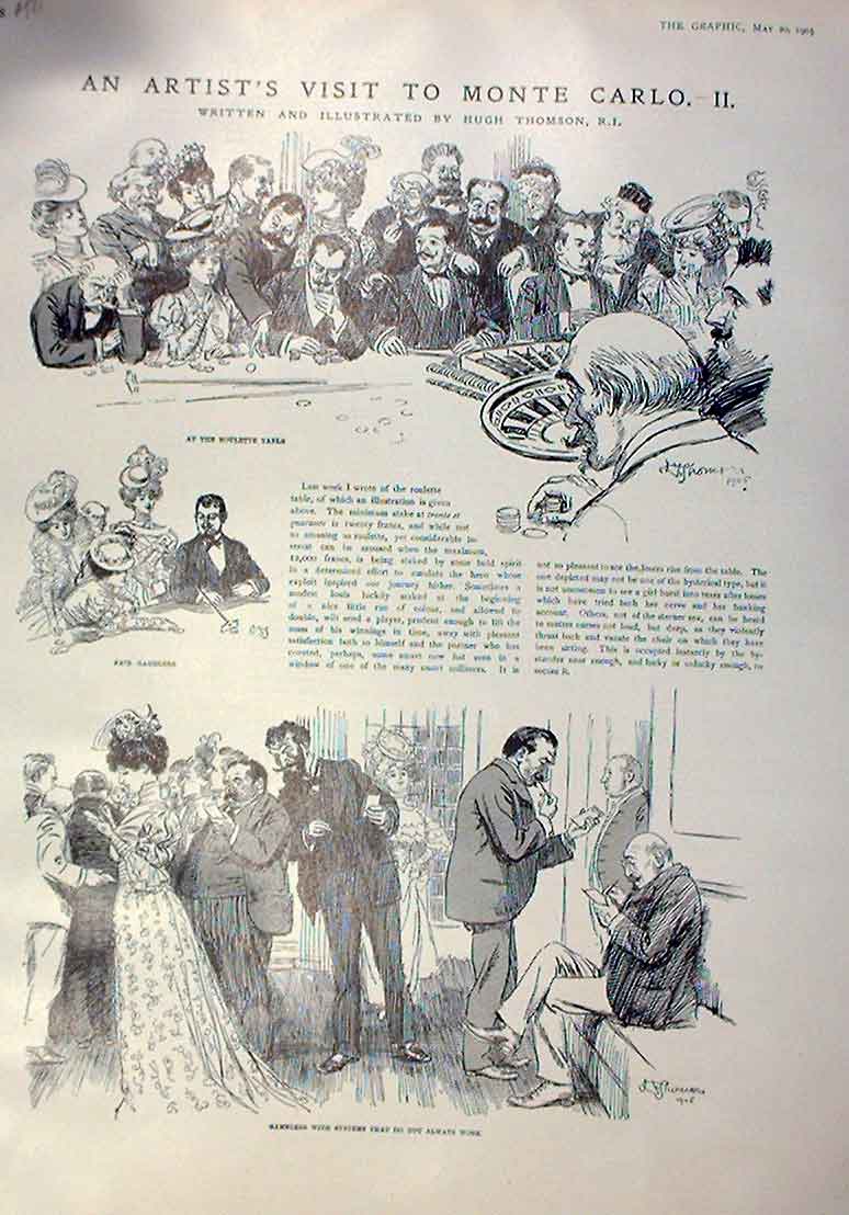 Original Old Antique Print Artist Vist To Monte Carlo *2 1905 France