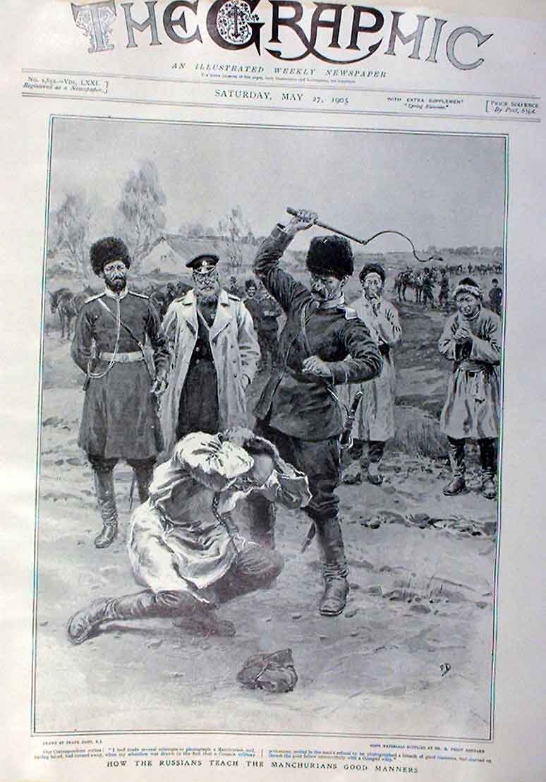 Original Old Antique Print Russian Flogs Manchurian To Teach Manners 1905 20th