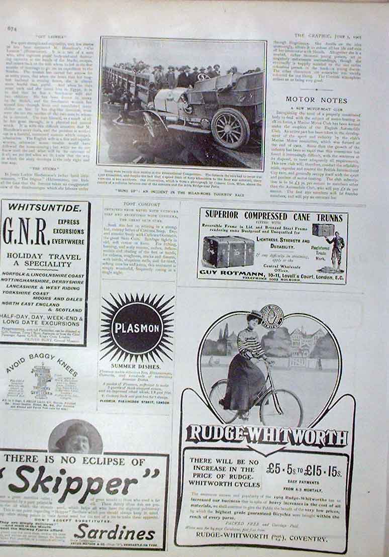 Original Old Antique Print Motor Car Accident In Milan Rome Race 1905 20th
