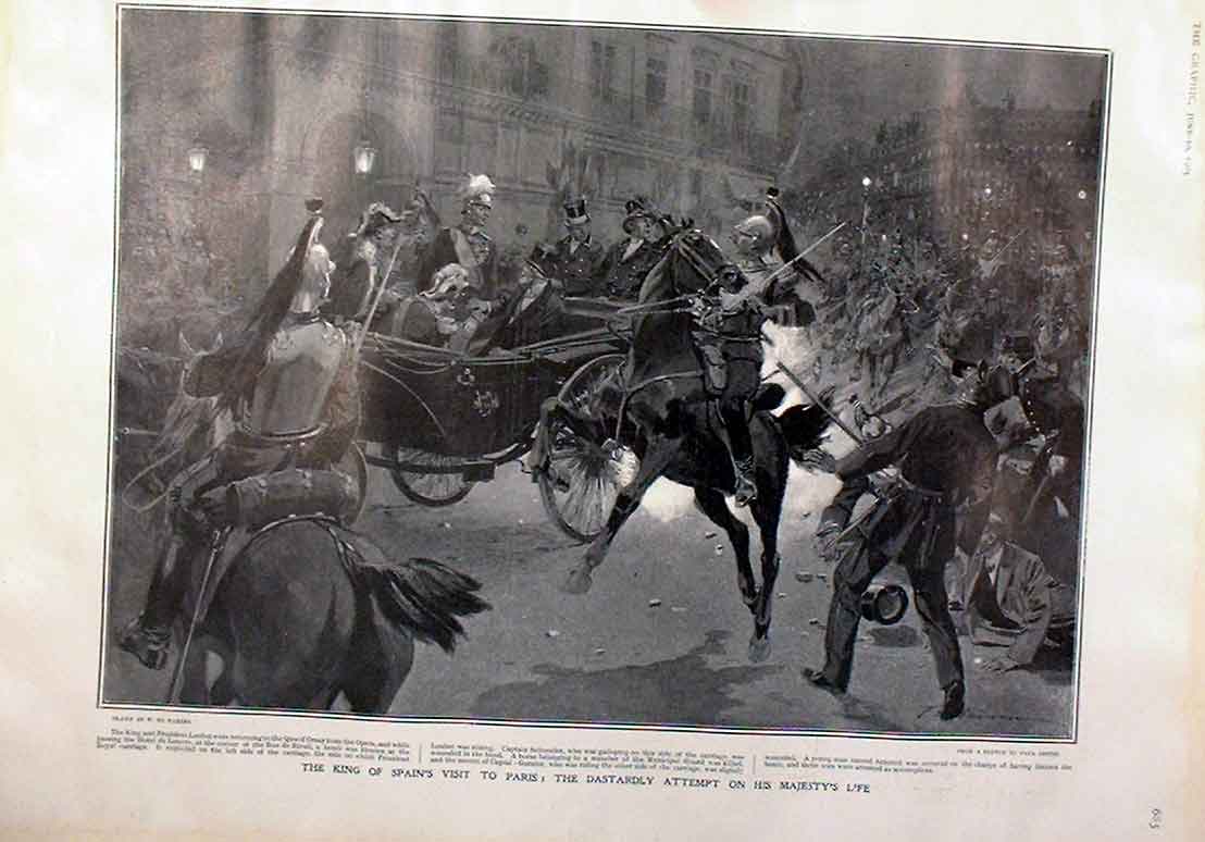 Original Old Antique Print Attempt On King Spain'S Life Paris 1905 20th Century