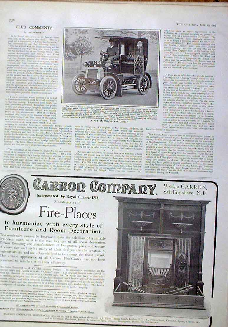 Original Old Antique Print New Motor Cab For London 1905 Cars 20th Century