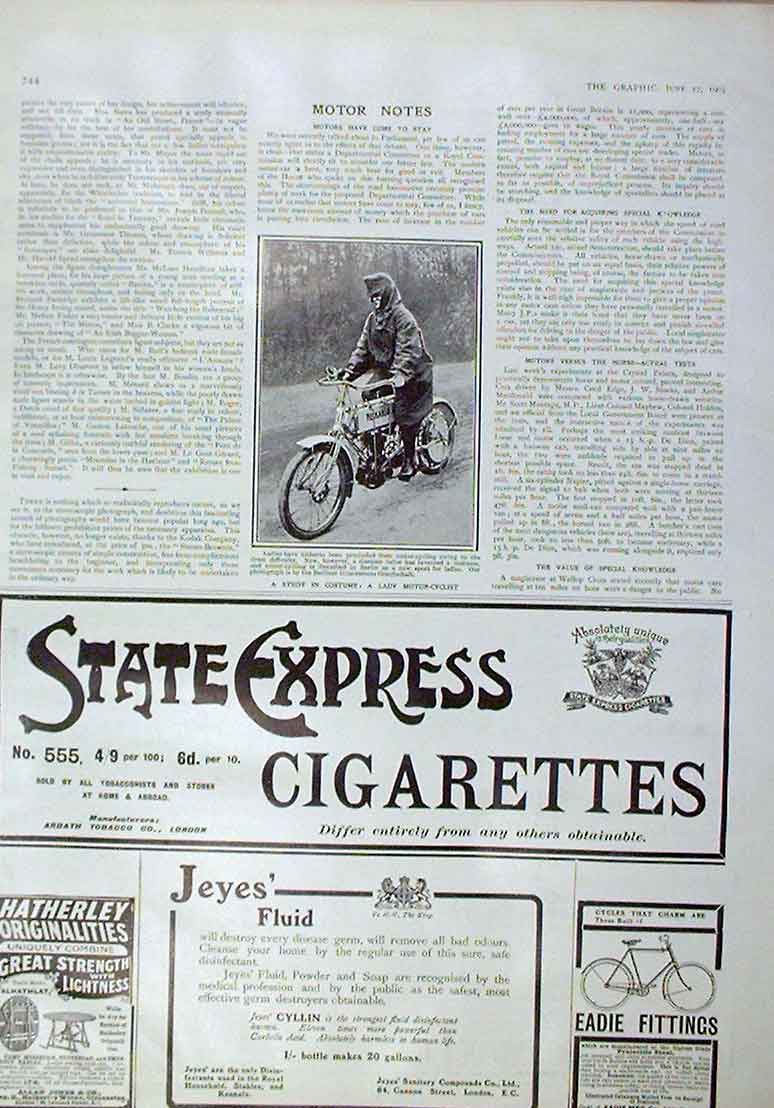 Original Old Antique Print Study In Costume A Lady Motor Cyclist 1905 20th