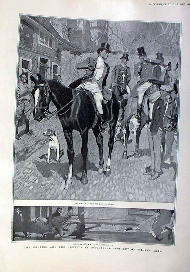 Original Old Antique Print Fox Hunters & The Hunted Bicester Hounds 1905 20th