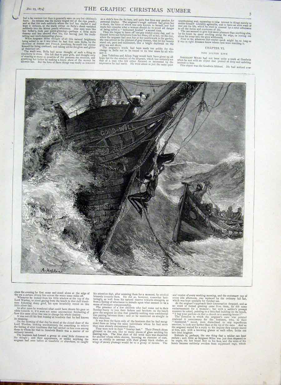 Original Old Antique Print Fine Art Illustrations The Sea 1874 19th