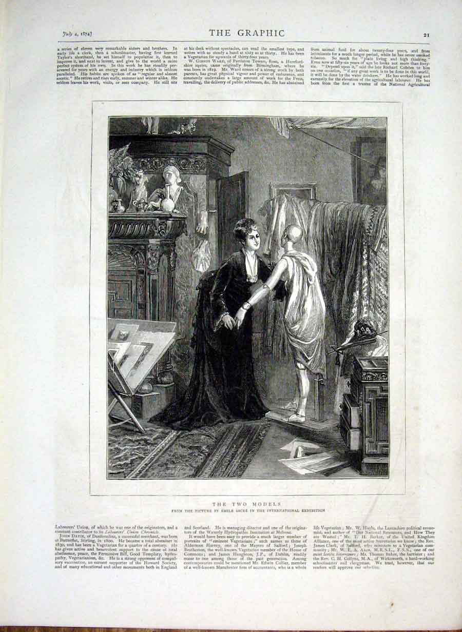 Original Old Antique Print Two Models By Sacre Fine Art 1874 19th