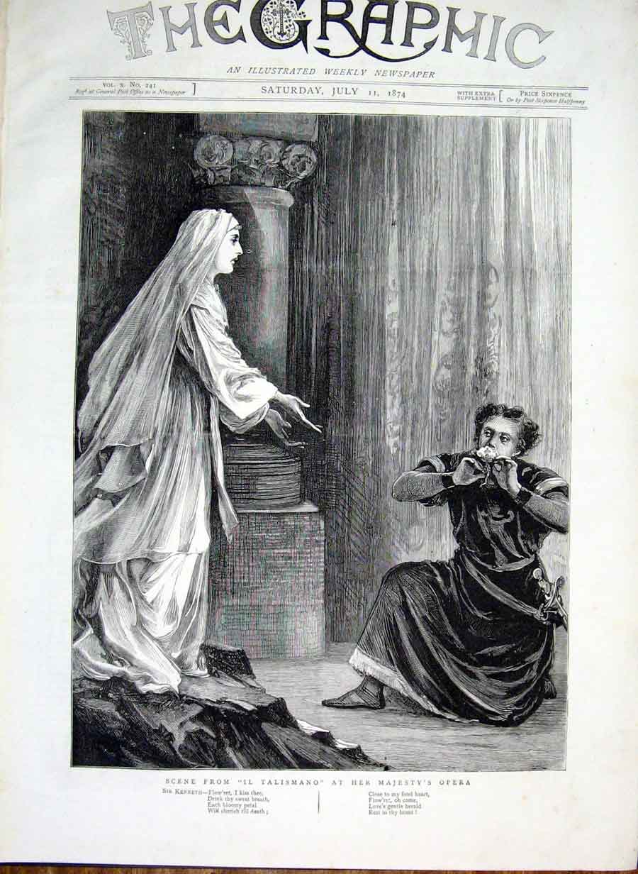 Original Old Antique Print Scene From Il Talismano At Her Majesty'S Opera 1874