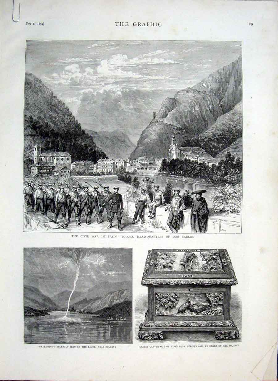 Original Old Antique Print Civil War Spain Tolosa Hq Don Carlos 1874 Victorian
