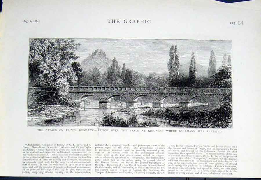 Original Old Antique Print Bridge Over Salle At Kissingen 1874 Germany 19th