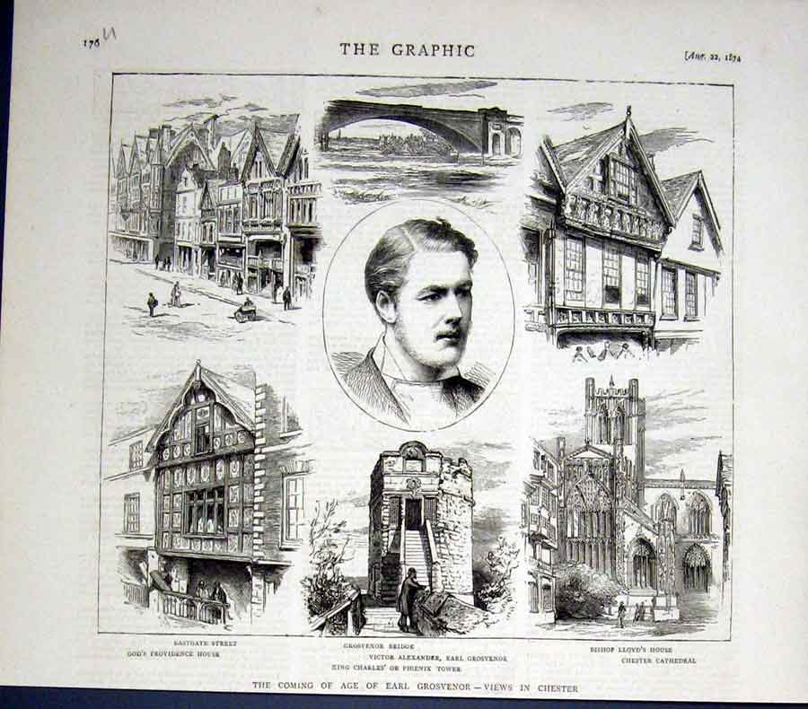 Original Old Antique Print Chester Views Coming Age Earl Grosvenor 1874 19th