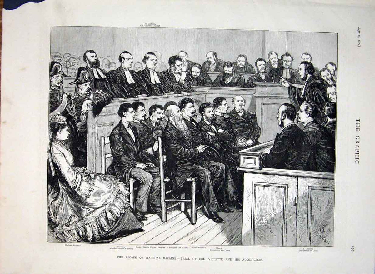 Original Old Antique Print Escape Marshal Bazaine - Trial Col Villette 20th