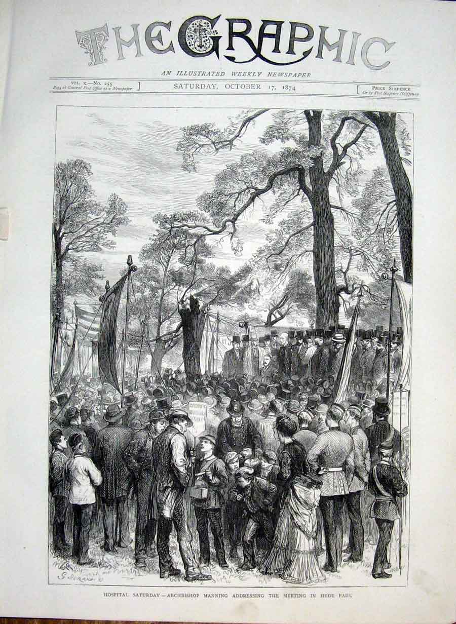 Original Old Antique Print Archbishop Manning Adressing Meeting Hyde Park 1874