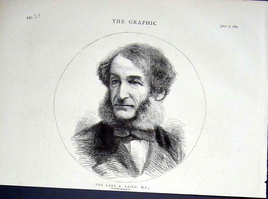 Original Old Antique Print Portrait J Laird 1874 Shipbuilder 19th