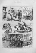 Original Old Antique Print Sunday In Frontier Town United States America 1880