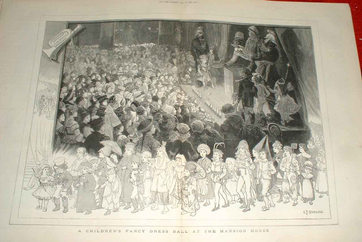 Original Old Antique Print Childrens Fancy Dress Ball Mansion House London 1880