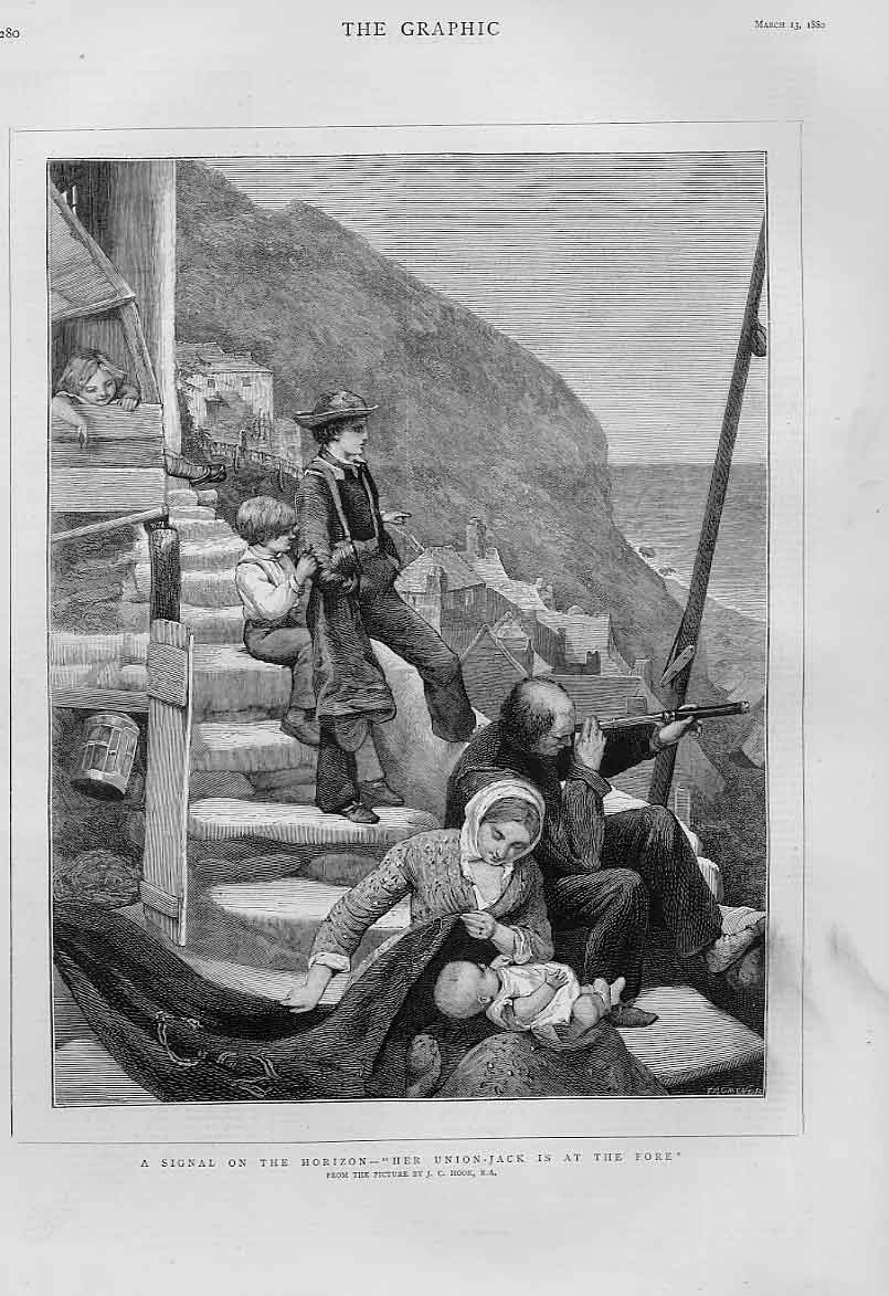 Original Old Antique Print Signal On Horizon Union Jack To Fore Art