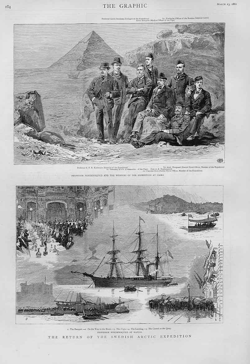Original Old Antique Print Sweden Professor NordenskjAt Cairo & Naples 1880 19th