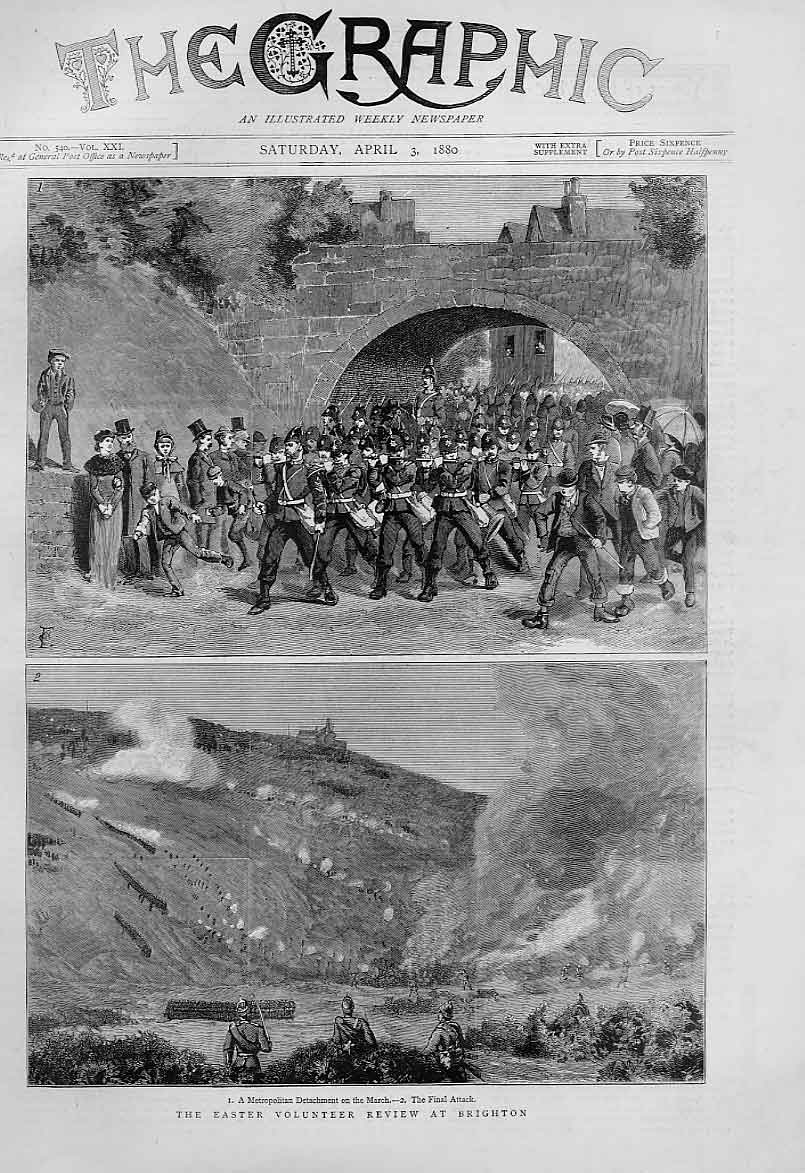 Original Old Antique Print Easter Volunteer Review Brighton 1880 19th