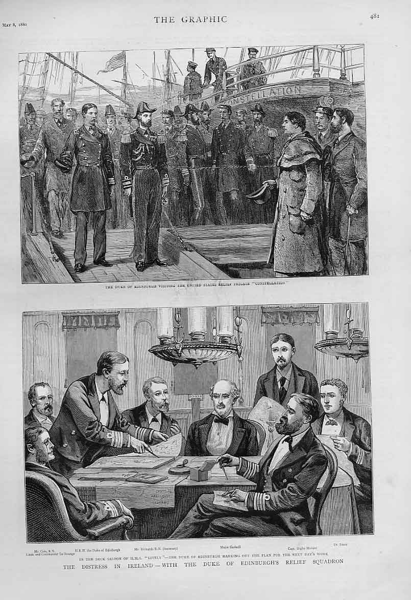 Old Antique Print Duke Edinburgh Relief Squadron & Us Frigate Constellati