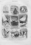 Original Old Antique Print Yachting Round Mouse Light In 10 Tonner 1880 Sailing