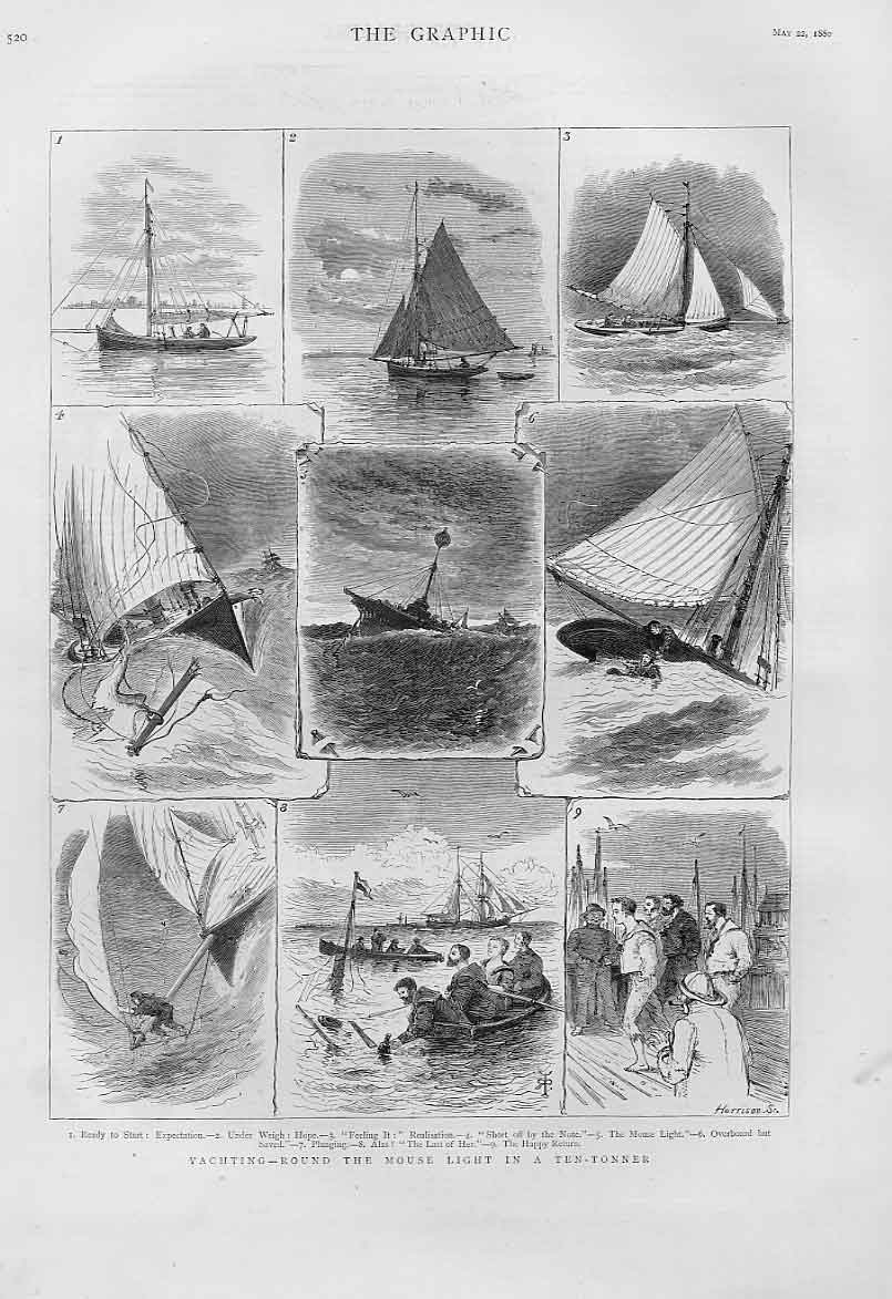 Original Old Antique Print Yachting Round Mouse Light In 10 Tonner 1880 Sailing