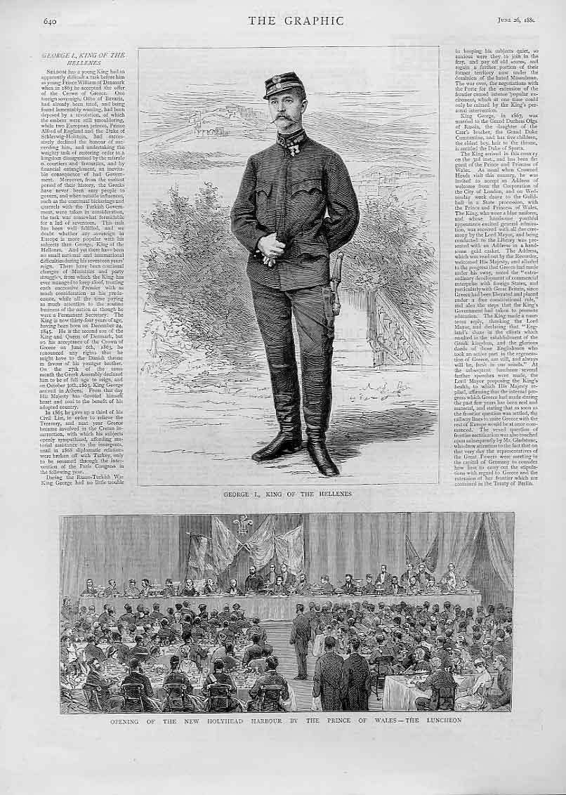 Original Old Antique Print George I King The Hellenes Portrait 18 19th