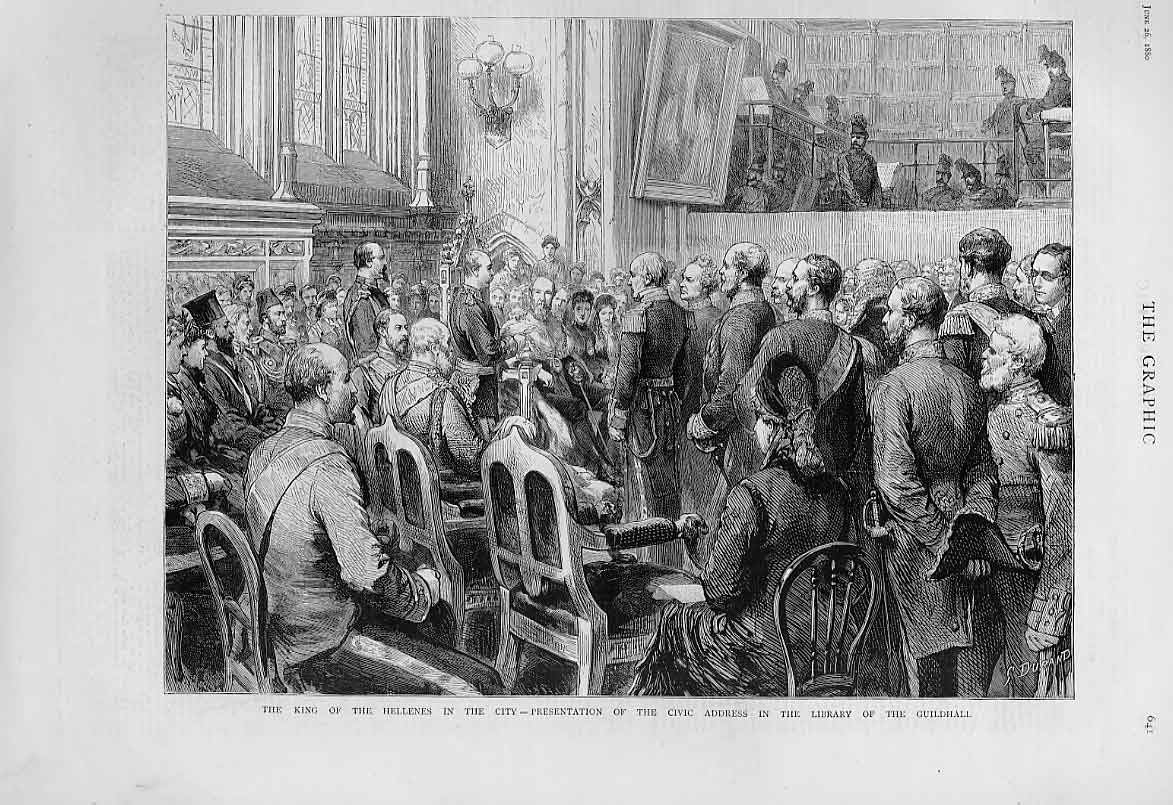 Original Old Antique Print King The Hellenes At Guildhall 1880 L 19th