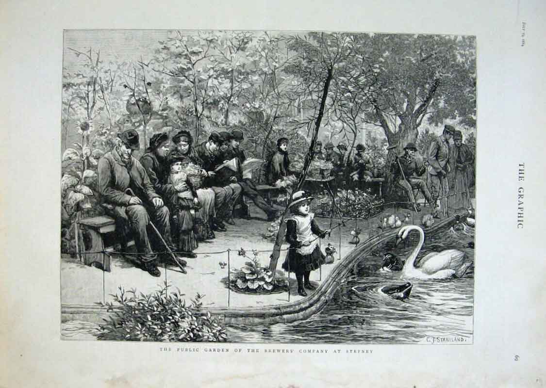Original Old Antique Print Garden Brewers Company Stephney London 1884 Victorian