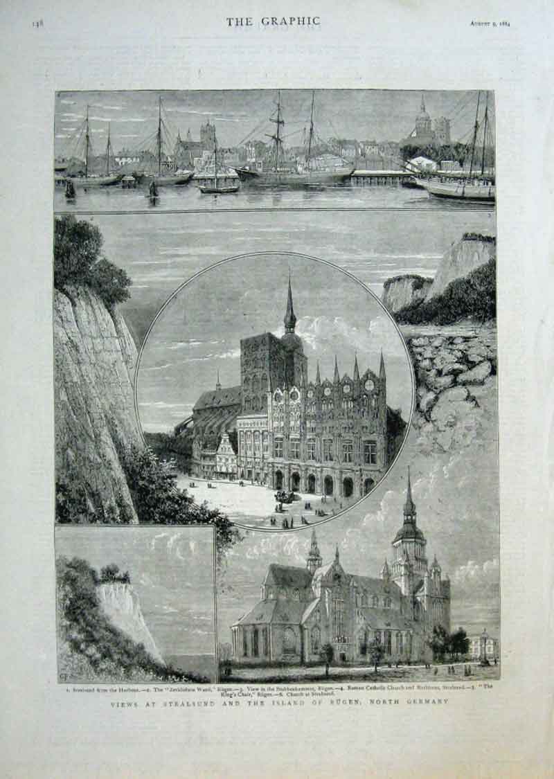 Original Old Antique Print Views Stralsund & Rugen Germany 1884 19th