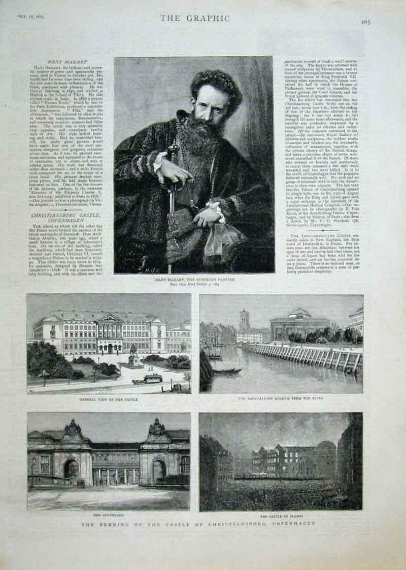 Original Old Antique Print Burning Castle Christiansborg Copenhagen 1884 19th