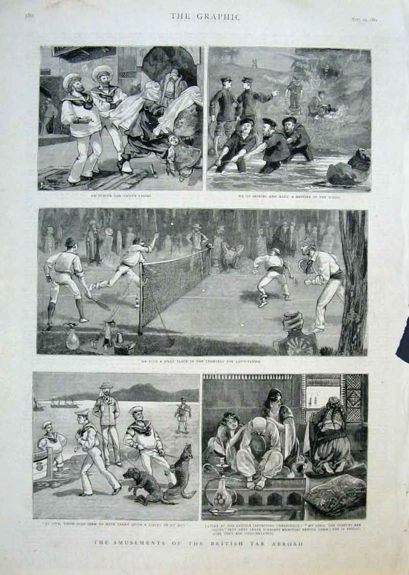 Original Old Antique Print Amusements British Sailor Abroad 1884 19th