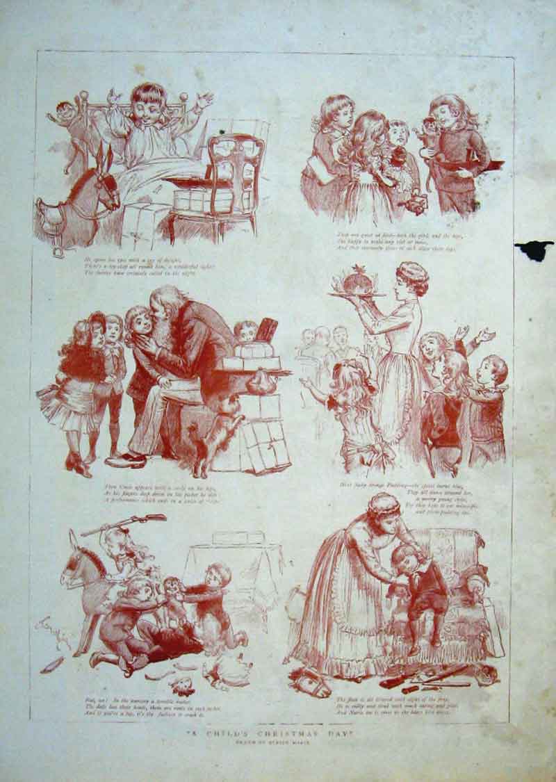 Original Old Antique Print A Child'S Christmas Day 1884 19th Century