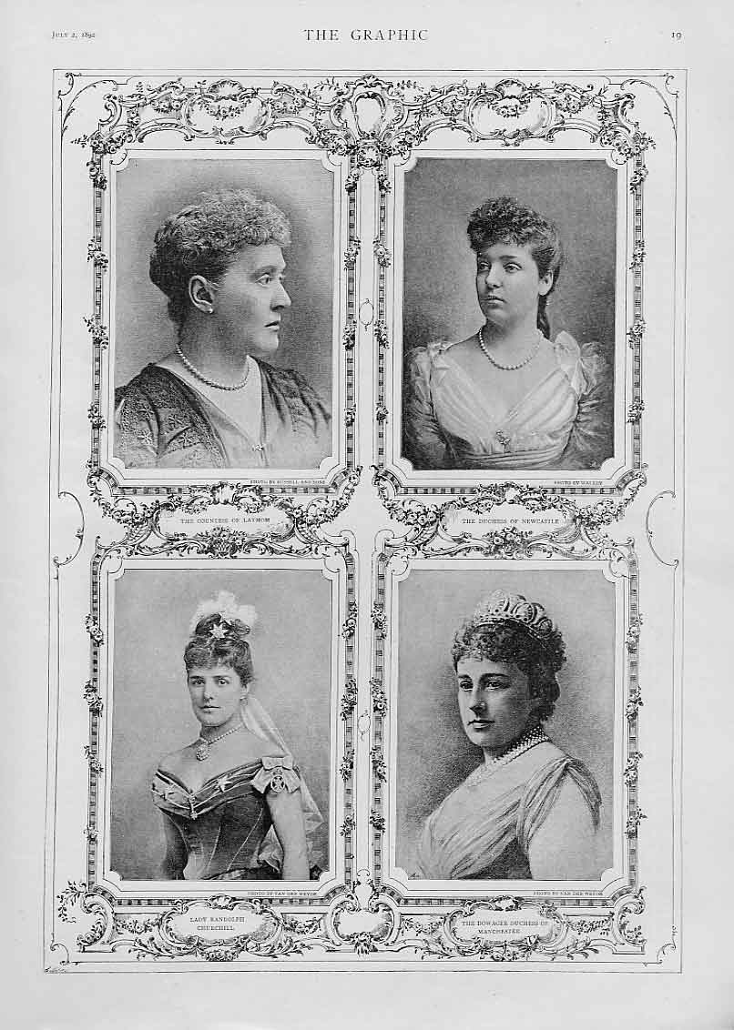 Original Old Antique Print Lady'S Lathom Newcastle Churchill & Manchester 1892