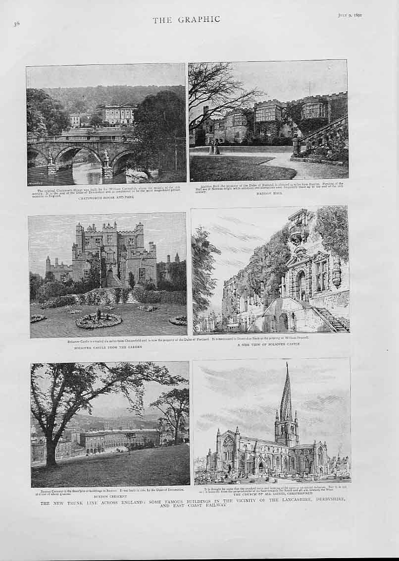 Original Old Antique Print Lancashire Derbyshire East Coast Railway 1892 19th