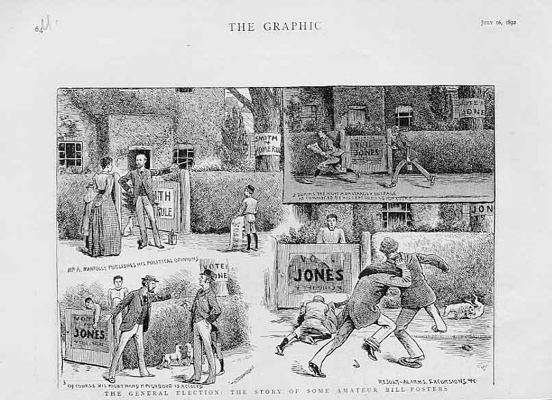 Original Old Antique Print Amateur Bill Posters 1892 Politics Election 19th
