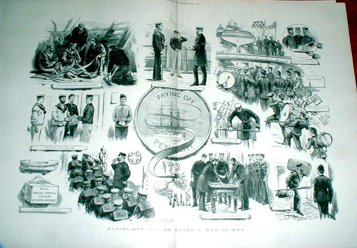 Original Old Antique Print Paying Off Day 1892 Man War Fine Art Ships Victorian