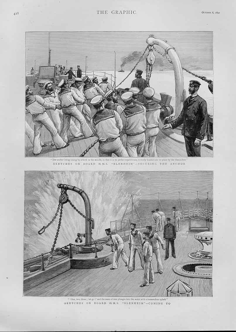Original Old Antique Print On Board Hms Blenhiem Ships 1892 19th