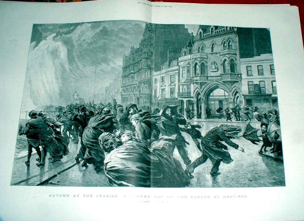Original Old Antique Print Stormy Day On The Parade Hasting By Barnes Sea Side