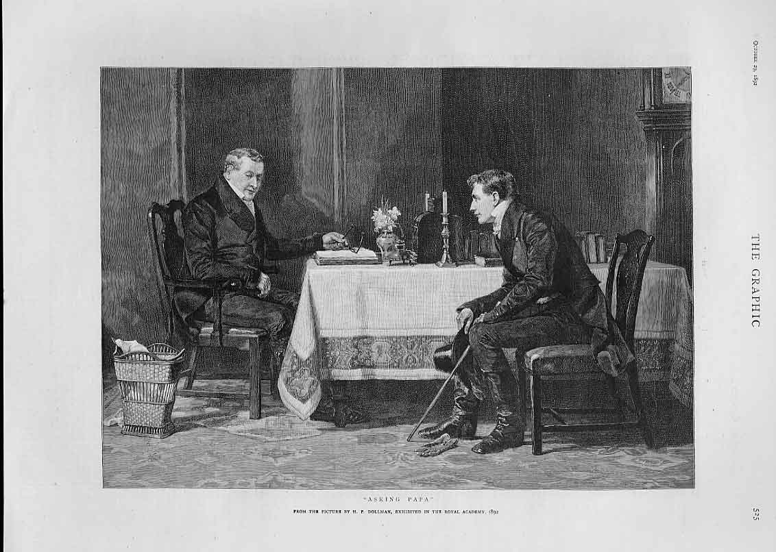 Original Old Antique Print Asking Papa Fine Art Still Happens Today !!!!