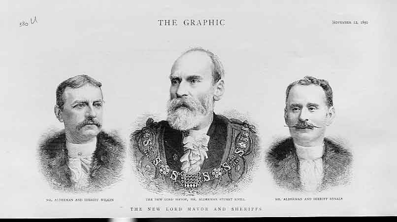 Original Old Antique Print Sherriff Wilkin Renals & Mayor Knill 1892 London