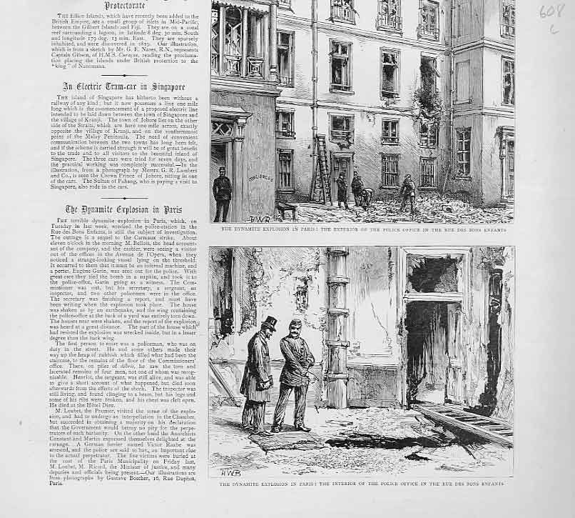 Original Old Antique Print Dynamite Explosion Paris Rue Des Bons Enfants 1892