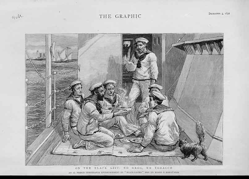 Original Old Antique Print Sailors On Black List No Grog No Tobacco Ship