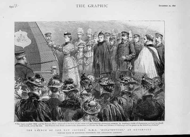 Old Antique Print Launch New Cruiser Hms Bonaventure At Devonport Ships