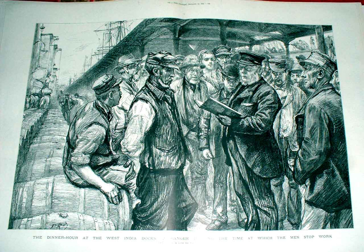 Old Antique Print Ganger Books Time Off For Lunch West India Docks 1892 19th