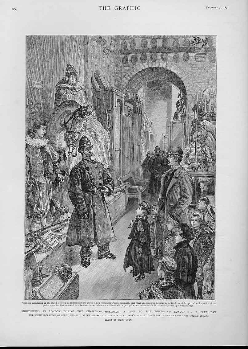 Old Antique Print Sightseeing London Christmas Holidays 1892 Tower Free D 19th
